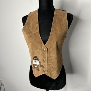 Vintage Looney Tunes Vest Womens S/M Brown Leather Taz Cowboy Cartoon 90s